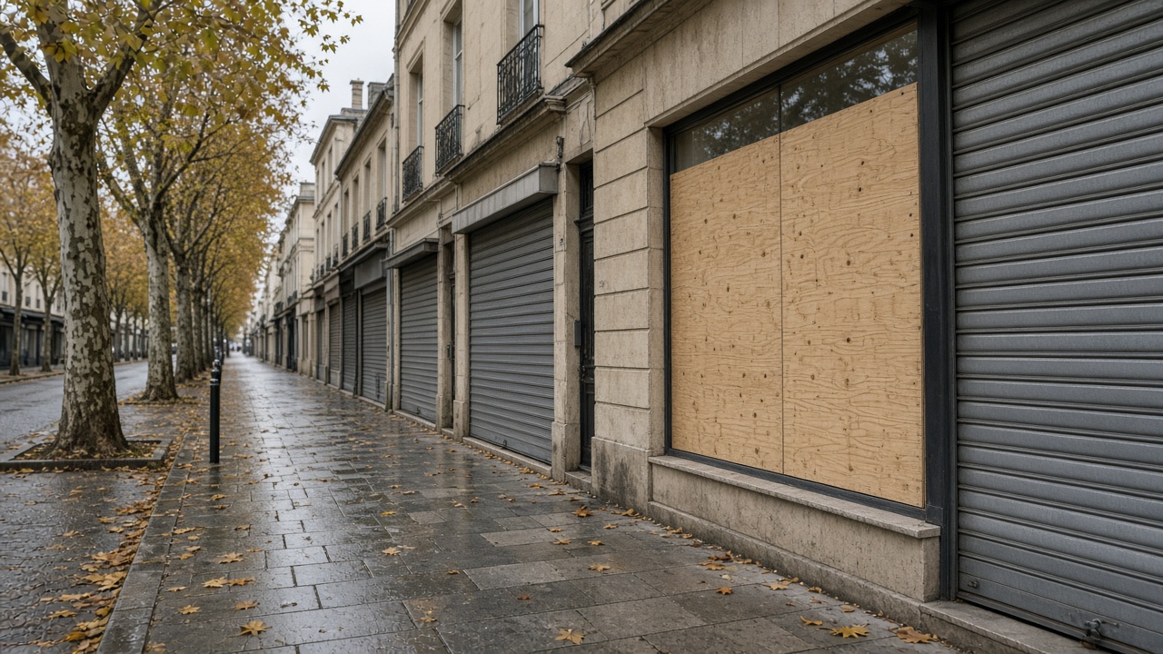 Locaux commerciaux en rez-de-chaussée, rideaux baissés