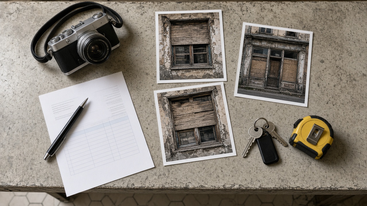 Dossier de déclaration : photos de vitrine, formulaire, clés et mètre