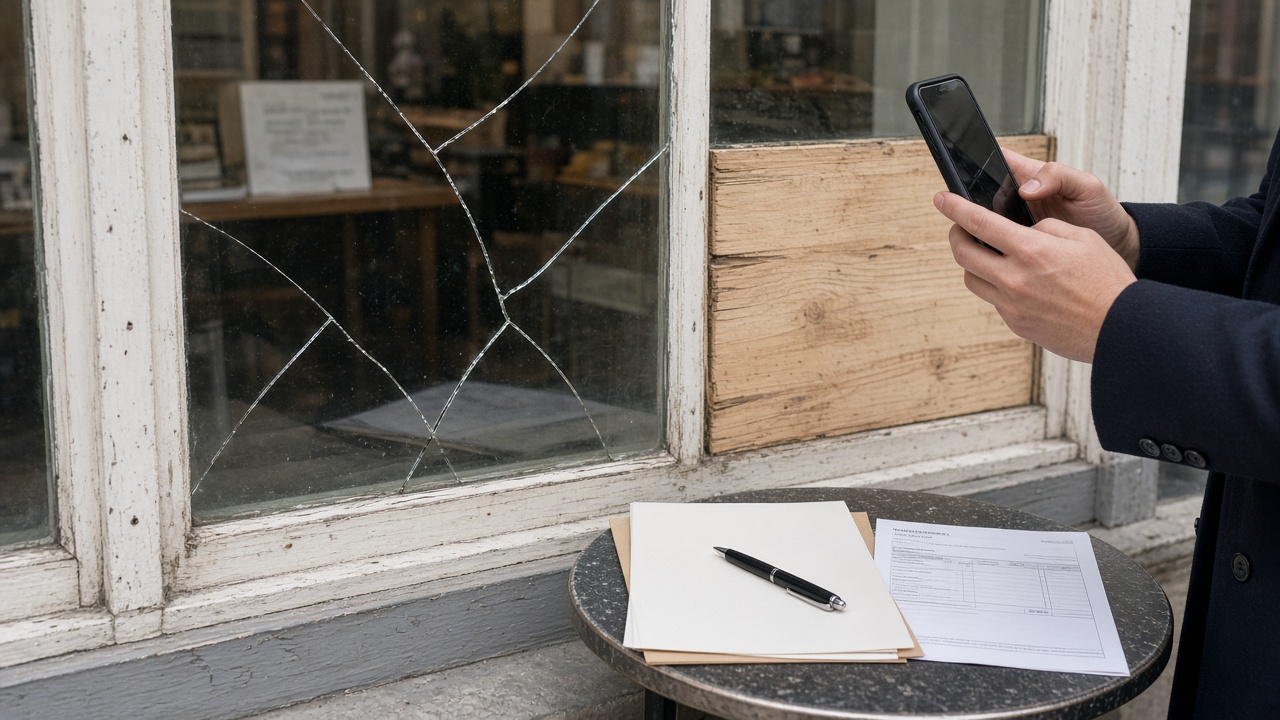 Vitrine fissurée photographiée pour une déclaration d'assurance