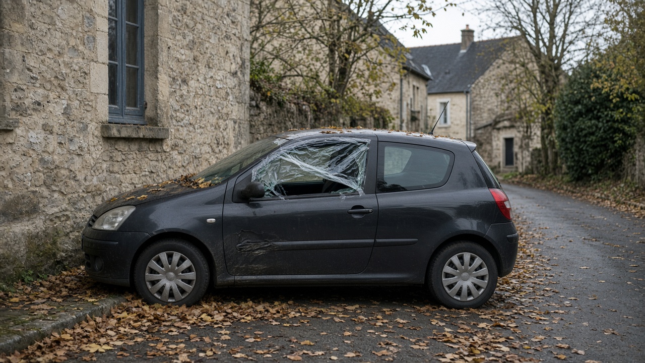 Voiture à la vitre brisée stationnée dans une rue française