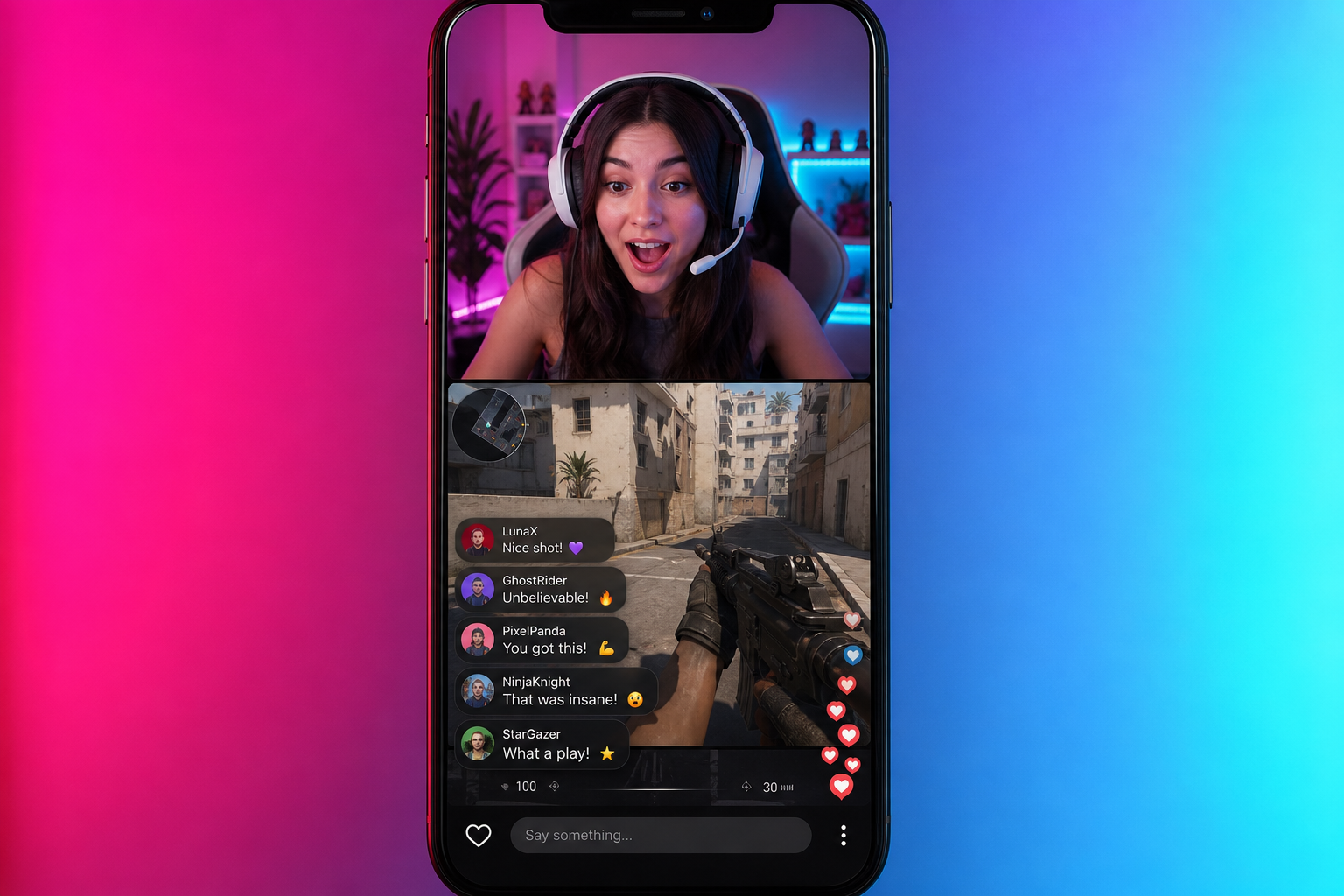 Smartphone en format vertical avec interface live gaming — YouTube Shorts ou TikTok